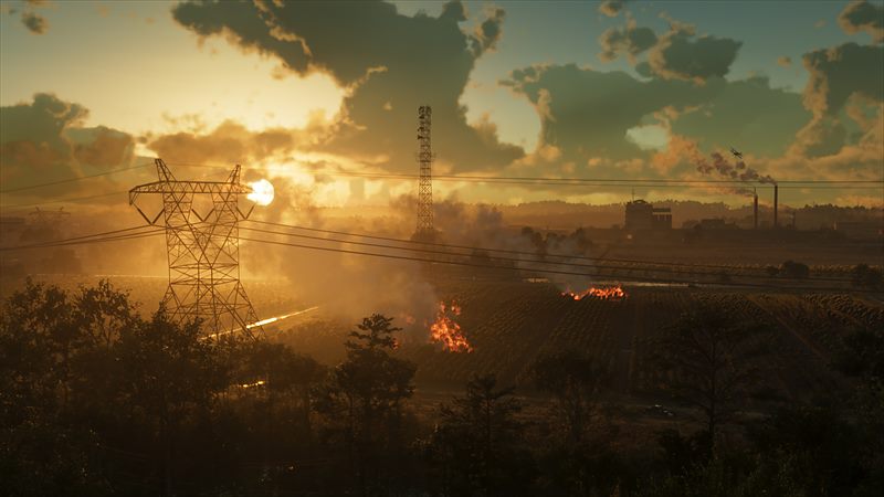 Ambrosia au crépuscule, ses pylônes électriques et ses champs en feu