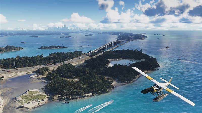 Les Leonida Keys vues du ciel, la chaussée qui relie les îles et un hydravion