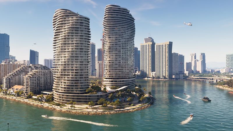 Vice City vue de la baie, ses deux tours courbes et les gratte-ciels du centre