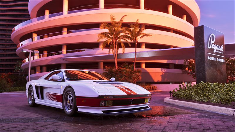 La Grotti Cheetah devant un immeuble Art Deco de Vice City