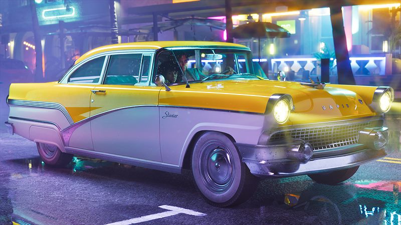 La Vapid Stanier de 1955 dans une rue eclairee au neon